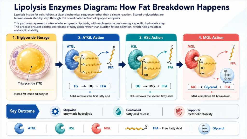 Lipolysis enzymes play a key role in breaking down stored fat into fatty acids and glycerol.